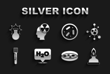 Set Chemical formula for H2O, Molecule, Alcohol spirit burner, Petri dish with bacteria, Test tube and flask, explosion and Head radiation symbol icon. Vector