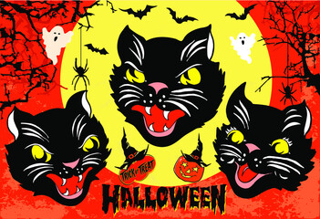 Halloween set of 3 angry black cat head masks on full moon and orange sky background with spooky branches, bats, pumpkin and ghosts. Vintage style hand drawn vector illustration.