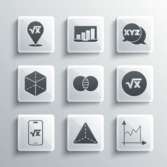 Set Geometric figure Tetrahedron, Graph, schedule, chart, diagram, Square root of x glyph, Mathematics sets A and B, Cube, and XYZ Coordinate system icon. Vector