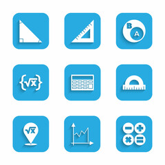 Set Calculator, Graph, schedule, chart, diagram, Protractor, Square root of x glyph, Subsets, math, is subset b and Triangle icon. Vector