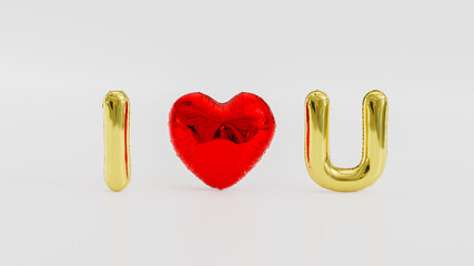 aluminum foil inflated balloons with golden "I love u" text and heart 3D rendering