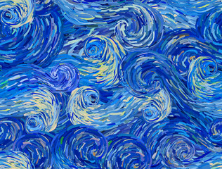 Blue turbulent cloudy sky abstract background. Seamless vector pattern in the style of impressionist paintings. - obrazy, fototapety, plakaty