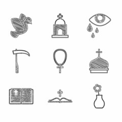 Set Christian cross on chain, Holy bible book, Flower vase, Church tower, Scythe, Tear cry eye and Dove icon. Vector