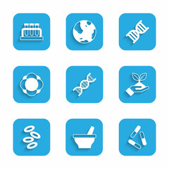 Set DNA symbol, Mortar and pestle, Virus, Plant in hand, Hemoglobin, Molecule, and Test tube flask icon. Vector