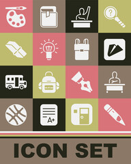Set Pencil with eraser, Schoolboy sitting at desk, Paper airplane, Male kid raising hand, Light bulb, Eraser or rubber, Paint brush palette and backpack icon. Vector