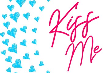Hand written kiss me quote valentine's day card with seamless background