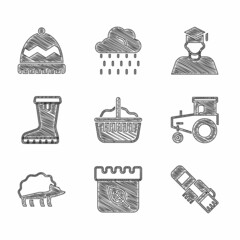 Set Basket, Calendar with autumn leaves, Winter scarf, Tractor, Hedgehog, Waterproof rubber boot, Graduate and graduation cap and hat icon. Vector