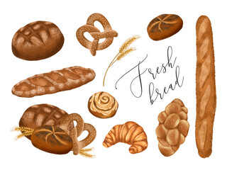 Baked goods watercolor clip art, bread, bakery, illustration, roll, baguette, bread basket 