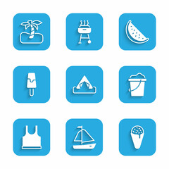 Set Tourist tent, Yacht sailboat, Ice cream in waffle cone, Sand bucket, Sleeveless T-shirt, Watermelon and Tropical palm tree icon. Vector
