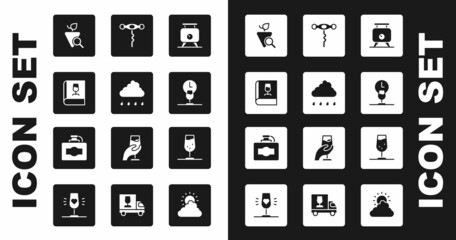 Set Fermentation of grapes, Cloud with rain, Book about wine, Grapes, Wine time, corkscrew, glass and Cardboard box icon. Vector