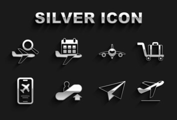 Set Escalator up, Trolley baggage, Plane takeoff, Paper airplane, Mobile with ticket, Airplane search and Calendar and icon. Vector