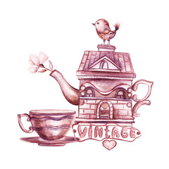 watercolor illustration in vintage style pink-brown teapot house, cup, bird for postcard, cover, print