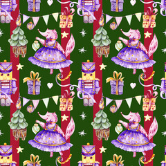 watercolor hand drawn cartoon festive fox, nutcracker, christmas tree, garlands, purple-pink boxes on green, red background for packaging, textiles, digital paper