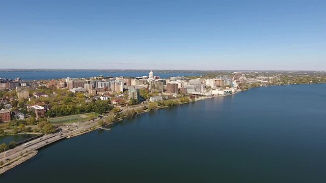 Drone Over John Nolen Drive towards Downtown Madison, Wisconsin (Drone - Pull Back Slow)