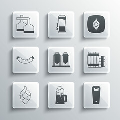 Set Wooden beer mug, Bottle opener, barrel, Beer brewing process, Hop, Sausage, and icon. Vector