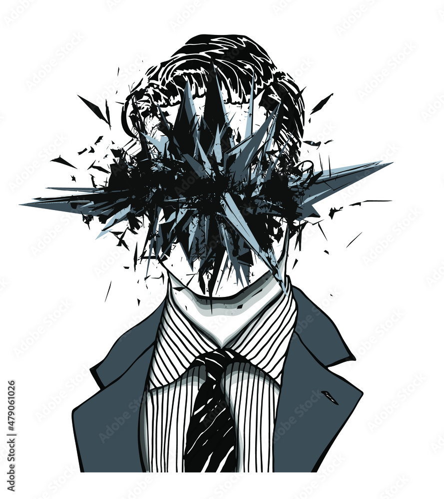 Poster hand drawn portrait of a strange handsome man with anonymous face exploding in thousand particles. i