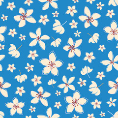 Jasmine floral vector seamless pattern background. Line art hand drawn flower heads, blossom, petals. Blue white scattered backdrop.Botanical repeat for medicinal healing plant for wellness.
