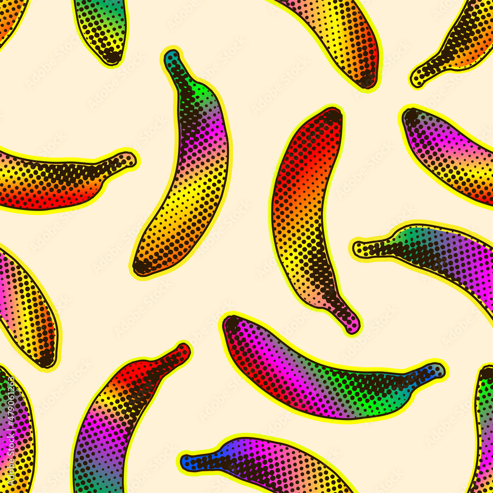 Aufkleber seamless vector pop art pattern of colorful psychedelic dot halftone bananas randomly scattered on b