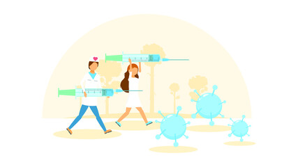 Abstract Flat Medic Man And Woman Running With Syringes For The Virus Cartoon People Character Concept Illustration Vector Design Style Coronavirus COVID-19 Mass Vaccination Healthcare Epidemic