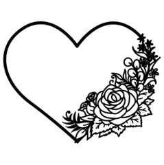 Roses and flowers with heart shape frame for printing,engraving, paper cutting, happy Valentines or wedding decoration. Vector illustration