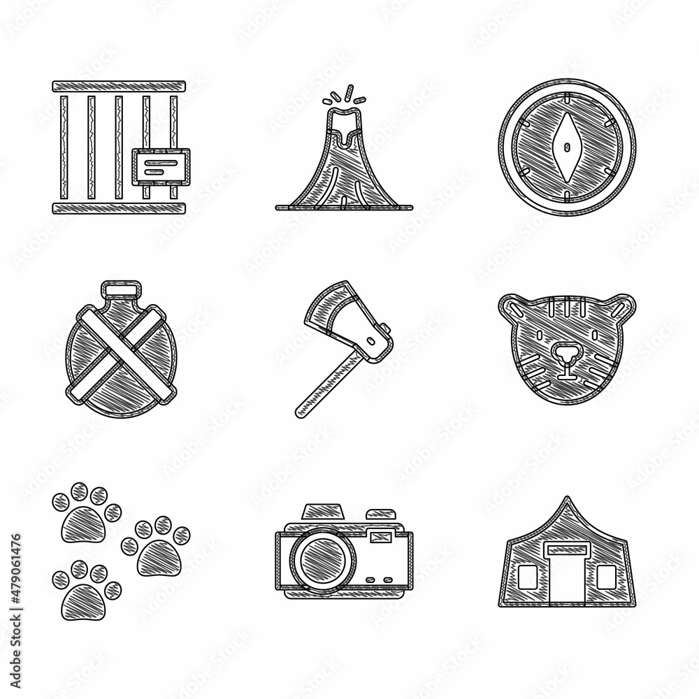 Poster Set Wooden axe, Photo camera, Tourist tent, Tiger head, Paw print, Canteen water bottle, Compass and Animal cage icon. Vector