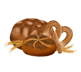 Baked goods watercolor clip art, bread, bakery, illustration, roll, baguette, bread basket 