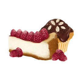 Sweet desserts , cakes and baked goods watercolor clip art. Cupcake, cheesecake, macaroons, croissant, eclair. 