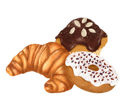 watercolor pastries: croissant, donut, muffin clip art preview