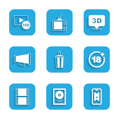 Set Paper glass with water, CD disk award in frame, Buy cinema ticket online, Plus 18 movie, Play video, Megaphone, 3D word and Hd tape, icon. Vector