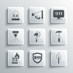 Set Emergency call 911, Burning match with fire, Firefighter axe, burning building, sprinkler system, Flasher siren and icon. Vector