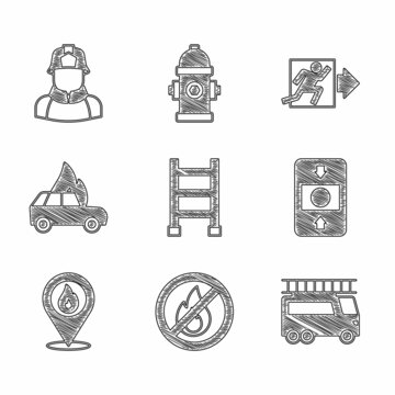 Set Fire escape, No fire, truck, alarm system, Location with flame, Burning car, exit and Firefighter icon. Vector
