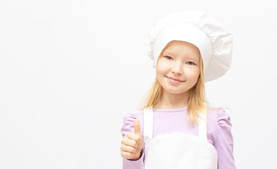 Beautiful little girl in chef uniform isolated on white