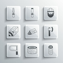 Set Tree stump, Wooden logs, axe, beam, Hacksaw, Rasp metal file and Lumberjack icon. Vector