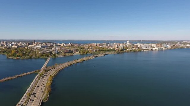 Drone Over John Nolen Drive towards Downtown Madison, Wisconsin Summer(Drone - Tilt Down to see John Nolen Dr)