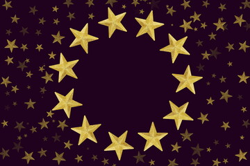 golden star circle starry texture in night sky dark purple background