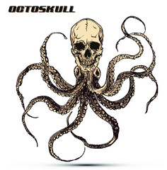 Octoskull. Vector hand drawn skull octopus illustration in the style of vintage etching graphic illustrations.