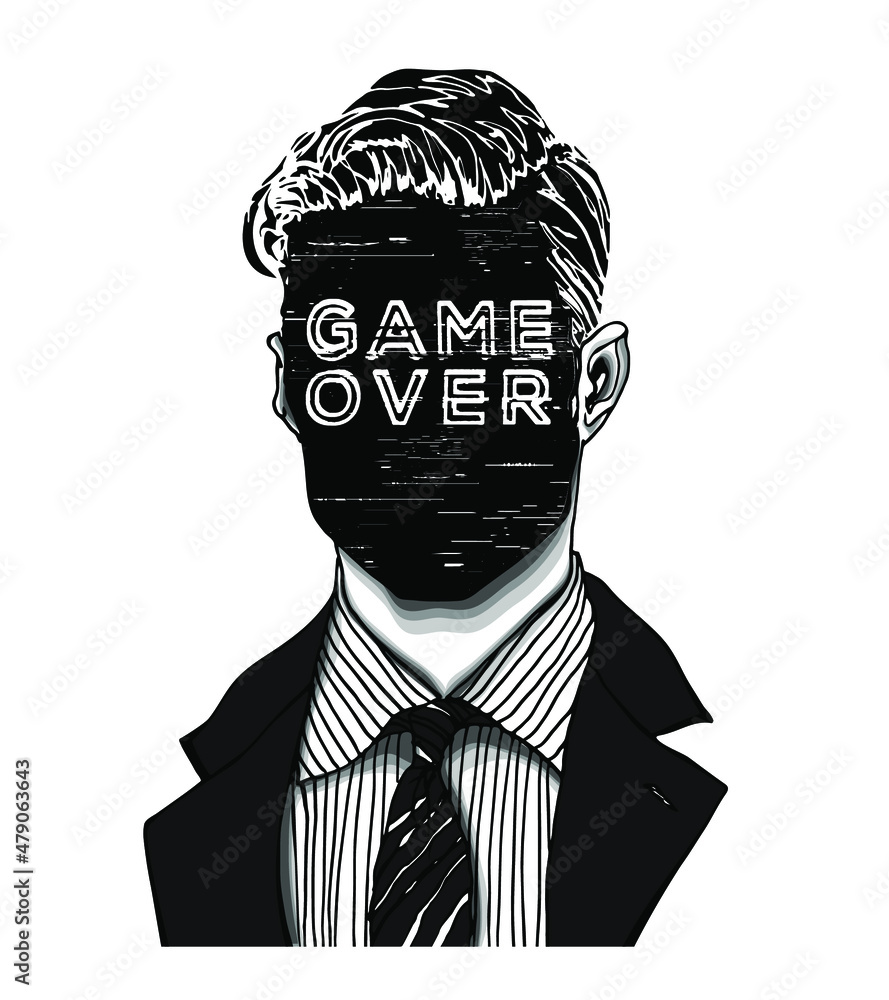 Poster hand drawn portrait of a strange handsome man with anonymous screen face displaying game over word. 