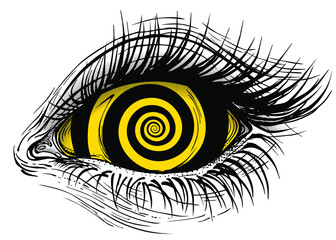 Isolated vector illustration of realistic female eye with yellow spiral hypnotic iris. - obrazy, fototapety, plakaty
