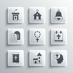 Set Church building, Priest, Calendar with Easter, Rosary beads religion, Holy bible book, sermon tribune and bell icon. Vector