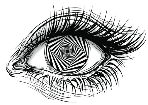 Isolated vector illustration of female eye with spiral striped lines pattern iris.