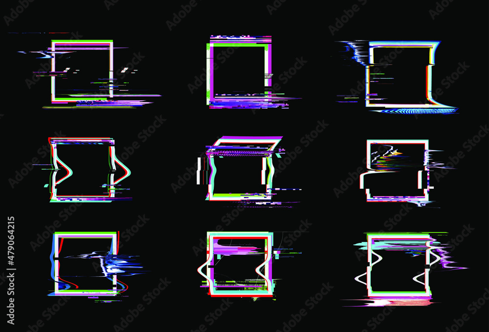 Poster vector glitch square frames. set of 9 glitched squares shapes, abstract deformed geometry frames wit