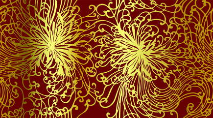 Vector seamless pattern of abstract golden spider chrysanthemums on red background in minimal traditional Japanese style of textile kimono printing.