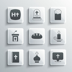 Set Christian church tower, Location building, Burning candle candlestick, bread, Holy bible book, Church sermon tribune, cross and Easter cake icon. Vector