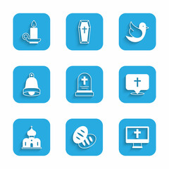 Fototapeta premium Set Grave with tombstone, Christian bread, cross monitor, Location church building, Church, bell, Dove and Burning candle candlestick icon. Vector