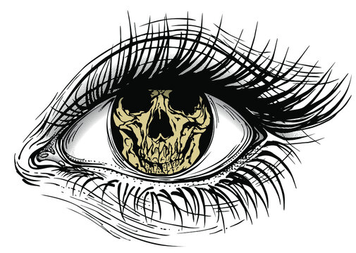 Concept vector illustration of realistic human eye of a girl with skull iris.