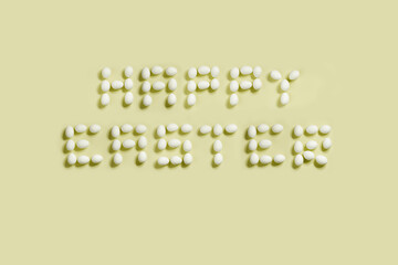 Happy Easter postcard/sign made from white eggs on various backgrounds, ideal for designing cool greeting card 