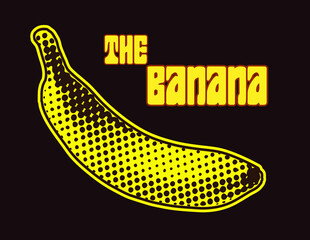 The Banana. Pop art style halftone dot banana vector illustration isolated on black background.