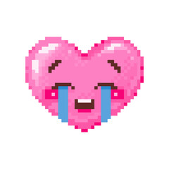 Pixel art loudly crying heart emoji. Vintage 8 bit pixel pink emoticon of sad heavy tear face smile. Cute anime kawaii vector icon. Valentine Day romantic heart-shaped design.
