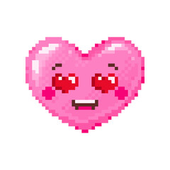 Fototapeta premium Pixel art heart eyes heart emoji. Vintage 8 bit pixel pink fall in love emoticon of sexy adorable face smile. Cute anime kawaii vector icon. Valentine Day romantic heart-shaped design. 