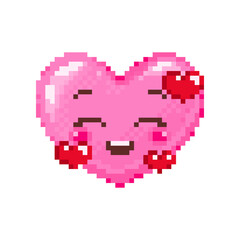 Fototapeta premium Pixel art fall in love heart emoji. Vintage 8 bit pixel pink floating hearts emoticon of happy feeling love face smile. Cute anime kawaii vector icon. Valentine Day romantic heart-shaped design. 